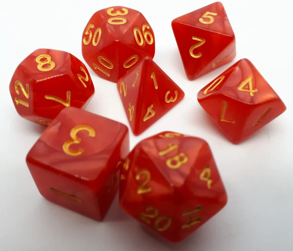 Dice Set Pearl: Red/Gold (7)